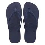 Chancletas Havaianas modelo Top, color rojo, con tiras de goma texturizadas y suela de diseño antideslizante con textura de grano de arroz.