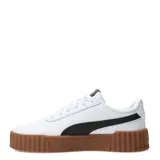 Championes Puma Carina 3.0 de estilo urbano, color negro con detalles en blanco. Presentan una suela de plataforma texturizada, cierre con cordones y el logo de la marca en dorado en el lateral y la lengüeta.