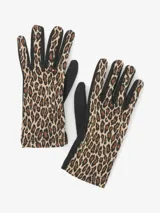 Guantes de diseño clásico con estampado animal print de leopardo en tonos marrones y beige, y palma y puño en color negro liso.