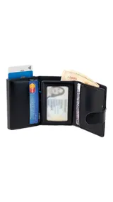 Tarjetero compacto de símil cuero negro con cierre de presilla metálica. Posee múltiples ranuras para tarjetas, visor transparente para documentos, compartimento para billetes y bolsillo exterior con cierre para monedas.