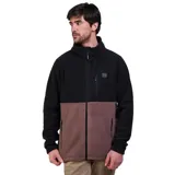 Campera de polar con cierre frontal completo, diseño bicolor en negro y marrón, cuello alto y bolsillos con cierre.