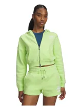 Campera deportiva Under Armour de felpa color verde lima, de corte crop con capucha, cierre frontal completo bidireccional y bolsillos laterales. Cuenta con hombros caídos y logo bordado en el pecho.