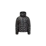 Campera puffer Casablanca negra, con capucha ajustable, cierre frontal y diseño acolchado con patrón geométrico en el frente.