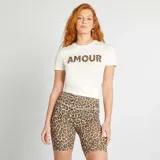Short tipo ciclista de tiro alto con estampado animal print de leopardo en tonos marrones y negros.