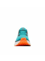 Championes de trail running Columbia Konos Elevate Techlite, en color verde turquesa con entresuela blanca con detalles geométricos y marca en color naranja.