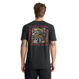 Remera negra de algodón de manga corta, con cuello redondo y diseño estampado pequeño en el pecho.