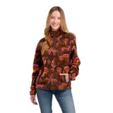 Canguro de polar con estampado floral en tonos marrones, naranjas y rosas. Presenta cuello alto con cierre de botones a presión, bolsillos laterales y diseño de calce regular.