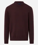 Suéter marrón de punto con textura en zigzag, cuello redondo y manga larga.