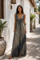 Vestido largo gris verdoso con estampado paisley y efecto tornasolado, escote en V pronunciado, breteles finos ajustables con cordones y borlas colgantes.