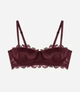 Soutien color bordó de encaje rústico floral, con breteles desmontables y ajustables, copa hueca y cierre en la espalda.