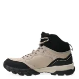 Championes de trekking tipo botita marca Topper, combinando tonos beige y negro. Presenta una estructura robusta con refuerzos en la puntera y el talón, suela dentada de alto agarre y cordones jaspeados. El diseño incluye paneles de malla y material sintético para mayor durabilidad y soporte en el tobillo.