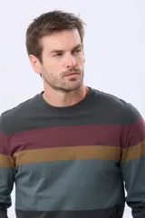 Remera de manga larga con cuello redondo y diseño de rayas horizontales en azul marino, azul claro, beige y verde oscuro. Incluye un pequeño logo bordado en el pecho.