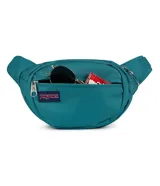 Riñonera Jansport modelo Fifth Avenue, color verde menta, con cierre principal y bolsillo frontal con cierre. Incluye parche con logo de la marca en el frente.