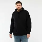 Buzo de felpa color negro con capucha, cordones ajustables y bolsillo tipo canguro frontal. Presenta puños y ruedo acanalados.