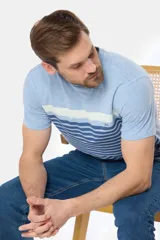 Remera de manga corta gris con rayas horizontales azules y blancas.