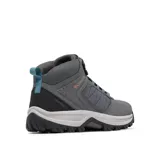 Bota de senderismo Columbia Transverse Hike impermeable, color gris con detalles en negro y naranja. Presenta construcción con tecnología Omni-Tech, entresuela TechLite para amortiguación y suela Omni-Grip para tracción en diversos terrenos.
