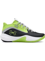Championes de básquetbol Under Armour modelo Lockdown 7, con diseño bicolor en verde neón y negro. Presentan parte superior de malla transpirable con superposiciones de cuero, entresuela de EVA blanca para mayor amortiguación y suela de caucho con patrón de tracción en espiga.