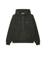 Campera con capucha color negro, cierre frontal con cremallera, bolsillos tipo canguro y logo de la marca bordado en el pecho.