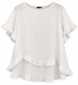 Blusa de lino blanca con cuello redondo, mangas cortas con volados dobles y diseño holgado con detalle de volados en el bajo.