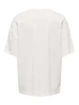 Remera de manga corta con cuello redondo y hombros caídos, confeccionada en jersey de algodón con estampa frontal de rayas verticales verdes y rosadas con texto.