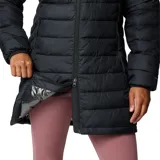 Campera larga tipo parka Columbia, modelo Powder Lite II Mid, color negro. Cuenta con tecnología Omni-Heat™ termorreflectante, aislamiento sintético Thermarator™ y tratamiento repelente Omni-Shield™. Presenta capucha integrada, cierre frontal completo, bolsillos laterales con cremallera y puños elásticos.