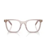 Armazones de lentes Prada modelo B11, de diseño rectangular con marco de acetato translúcido en tono rosado claro y detalles metálicos sutiles en las esquinas.
