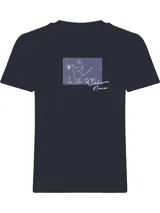 Remera de manga corta Calvin Klein Jeans, color azul oscuro, con cuello redondo y estampado frontal que combina un recuadro con diseño floral y el logo de la marca en tipografía manuscrita.