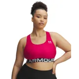 Top deportivo Under Armour de soporte medio, color fucsia con banda elástica inferior negra con el logo de la marca en blanco. Presenta diseño de espalda cruzada y tejido técnico de secado rápido.