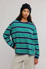 Remera manga larga de algodón con diseño de rayas horizontales en tonos verdes, azul marino, rosado y celeste. Presenta cuello redondo y un pequeño parche decorativo en el borde inferior.