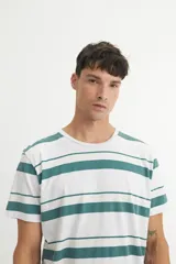 Remera de algodón con diseño de rayas horizontales en tonos verde, blanco y amarillo pálido, de cuello redondo y manga corta.