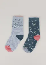 Pack de dos pares de medias de media caña con felpa. Un par es celeste con rayas horizontales blancas, talón y puntera rosa, diseño de gato y estrellas. El otro par es azul con talón y puntera rosa, diseño de estrellas y constelaciones.