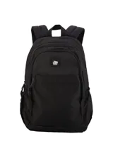 Mochila urbana de diseño compacto y funcional, confeccionada en material impermeable color negro. Cuenta con compartimento principal amplio, bolsillo interior para notebook, bolsillos ocultos en el frente y en la espalda, bolsillos laterales de red y correas de compresión laterales.