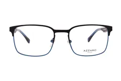 Lentes de receta Azzaro con armazón rectangular de metal. Presenta un diseño bicolor con la parte superior en negro mate y la parte inferior en azul vibrante, con patillas a juego.