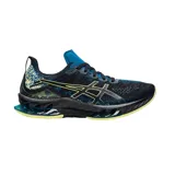 Championes de running Asics modelo Kinsei Neo, con capellada de tejido técnico en color negro y detalles en azul y amarillo neón. Presentan tecnología de amortiguación visible en la entresuela y suela de goma de alto rendimiento.