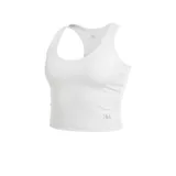 Top deportivo corto color blanco, con escote redondo y espalda tipo nadador (racerback). Presenta un tejido texturizado y el logo de la marca 361° en gris claro en la parte inferior frontal.