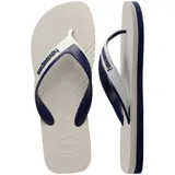 Sandalias tipo chancleta Havaianas Dual, color gris con tiras anchas bicolores en blanco y azul marino con el logo de la marca.
