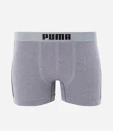 Calzoncillo tipo bóxer para hombre, color gris jaspeado, confeccionado en poliamida y elastano. Presenta cintura elástica de color gris claro con el logo PUMA en negro.