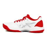 Championes de tenis y pádel Asics Gel-Game 7 para mujer, modelo Clay/OC, en color blanco con detalles en rojo y gris.