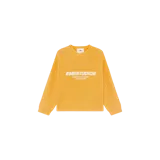 Sweater de punto en color naranja tangerina con textura en zigzag, cuello redondo y manga larga. Cuenta con estampado tipográfico blanco en el pecho con la marca Eme Studios y un lema secundario.
