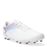Championes de fútbol Topper modelo Stingray III Mach 1 FG, color blanco con detalles en violeta y celeste. Diseñados con suela para césped natural seco, ofrecen tracción, estabilidad y ligereza para un mejor rendimiento en el campo.