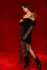 Vestido corto negro de tul con mangas largas abullonadas y detalles de flores aplicadas. Incluye viso negro.