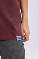 Remera oversize color bordó con estampa tipográfica en celeste en la parte trasera.