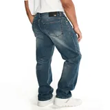 Jeans de mezclilla color azul, de corte recto y diseño clásico de cinco bolsillos.