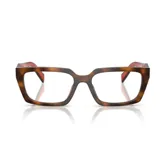Armazones de lentes Prada modelo D05, de diseño rectangular con patrón carey en tonos marrones y detalles interiores en color rojo.