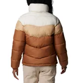 Campera puffer Columbia modelo Puffect II con diseño colorblock en tonos marrones y crema. Cuenta con cuello alto, cierre frontal completo, bolsillos laterales con cremallera y puños elásticos. Confeccionada con aislamiento térmico Thermarator y tecnología repelente al agua.