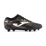 Championes de fútbol Joma para hombre, modelo Césped Powerful 2401 FG, color negro con detalles en dorado y blanco. Diseñados para jugar en terrenos firmes (FG) como césped natural duro.