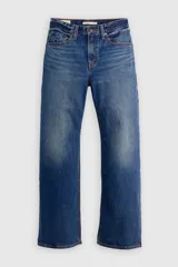 Jeans de denim azul de corte amplio y bota ancha, tiro medio, con efecto ligeramente lavado en las piernas y diseño clásico de cinco bolsillos.