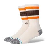 Medias Stance modelo Boyd St, de caña media, color blanco con franjas horizontales en naranja y marrón en la parte superior, talón y puntera melange, y detalle de bordado de la marca en el lateral.