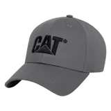 Gorra de béisbol gris con visera curva y logo de Caterpillar bordado en negro en la parte frontal. Cuenta con cierre metálico ajustable en la parte posterior.