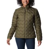 Campera puffer Columbia modelo Delta Ridge II Down, color verde militar, con cuello alto, cierre frontal y bolsillos laterales con cierre. Cuenta con tecnología Omni-Heat y HeatSeal para retención térmica.